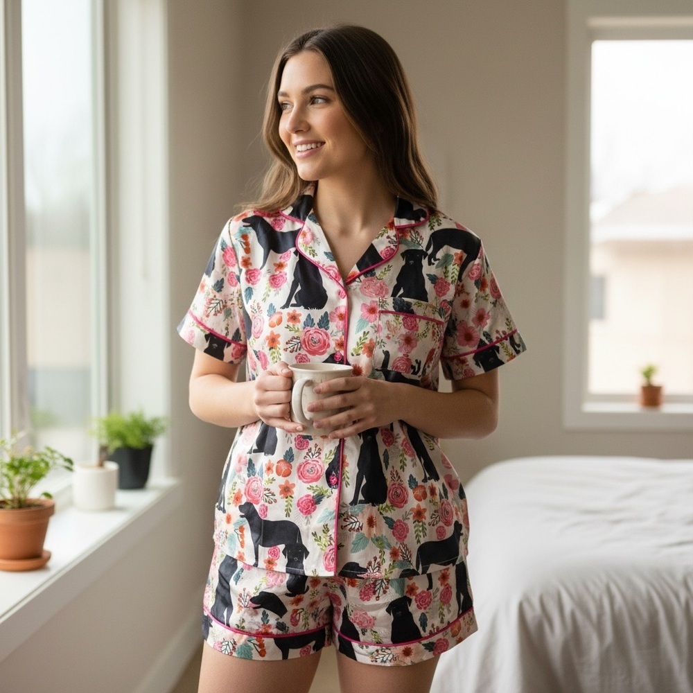 NWT SHESHOW Satin Pajama black lab Dog Floral Print Button Lounge Set